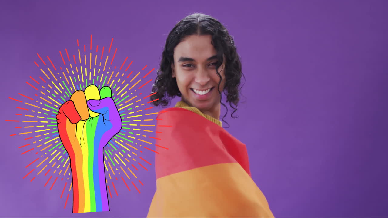 envuelto en una bandera arco iris, una persona sonriente con una animación de puño colorido sobre un fondo púrpura