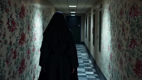 a woman in a black dress walking down a long hallway