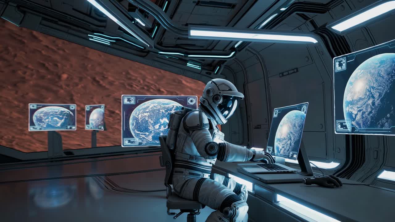Astronauta nella Sala di Controllo della Stazione Spaziale che Lavora al Laptop