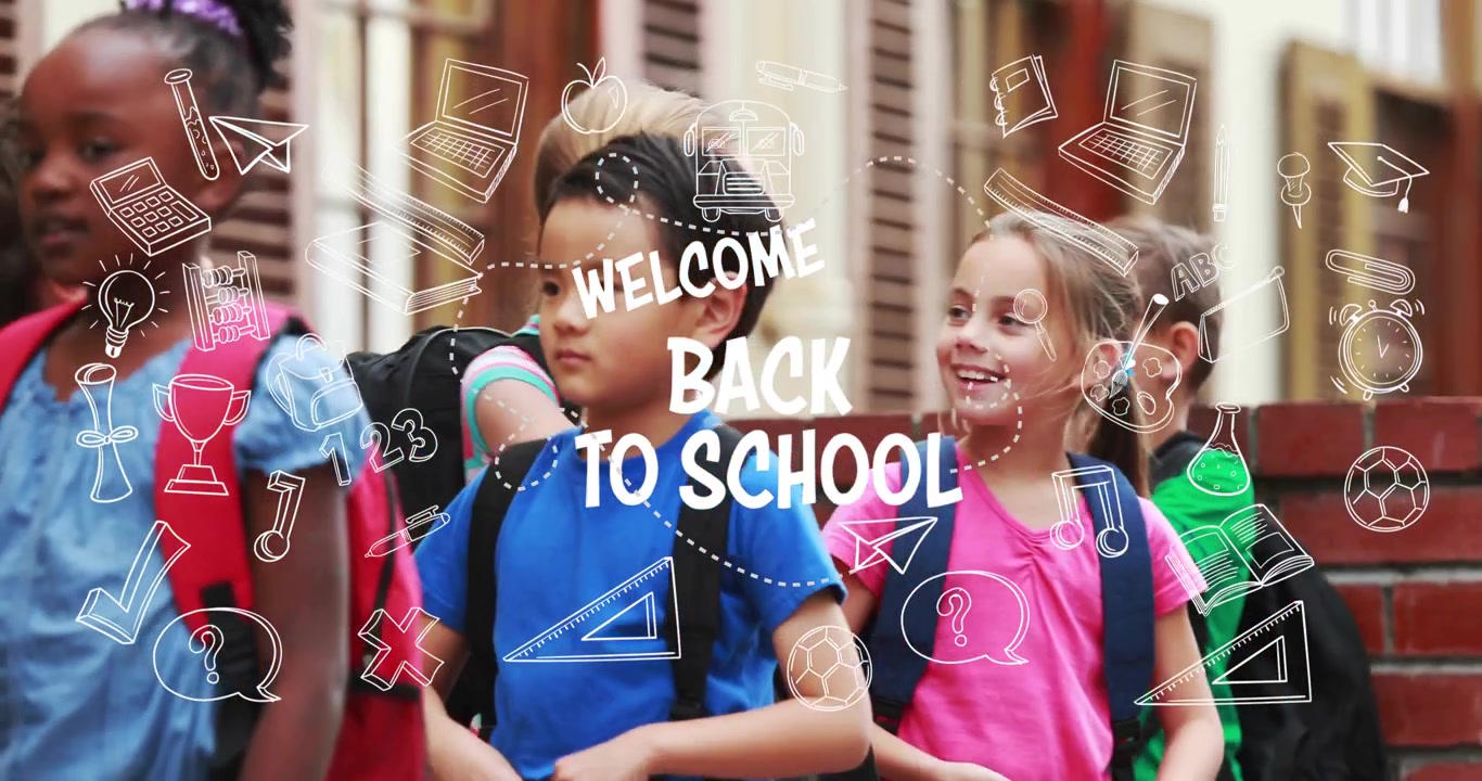 Students walking school steps, doodles joining into WELCOME BACK TO SCHOOL backpacks chatting