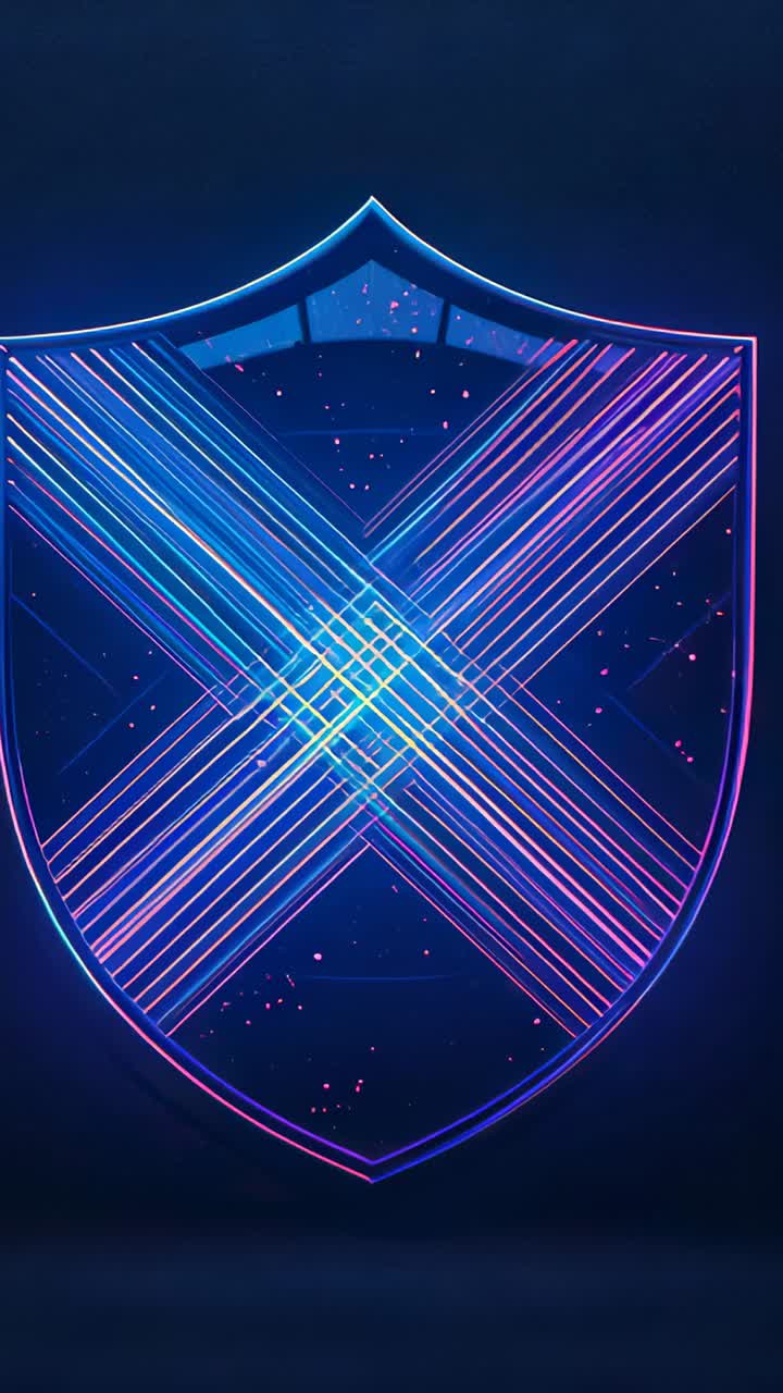 Vertical video: Starting playback neon shield moving X bands inward forming core on stage, sparks