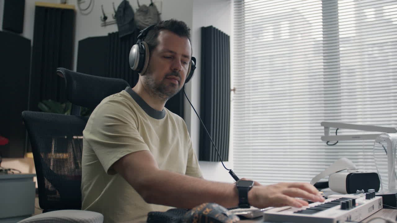 Man creating music at home with headphones, focused on his keyboard and computer