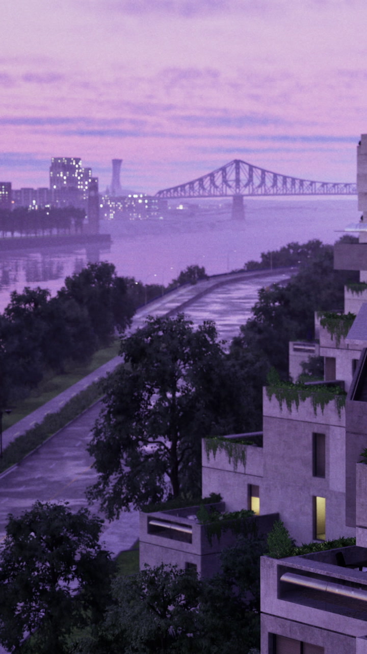 Sunset over city waterfront and bridge with modern buildings nearby
