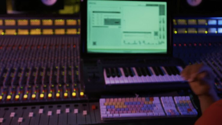 Male sound engineer working at a mixing desk