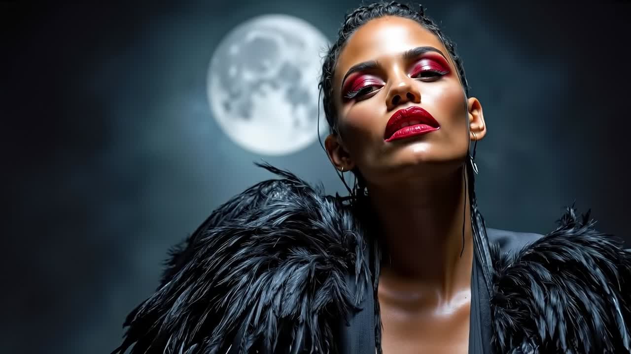 Una donna in abito nero con la luna piena sullo sfondo