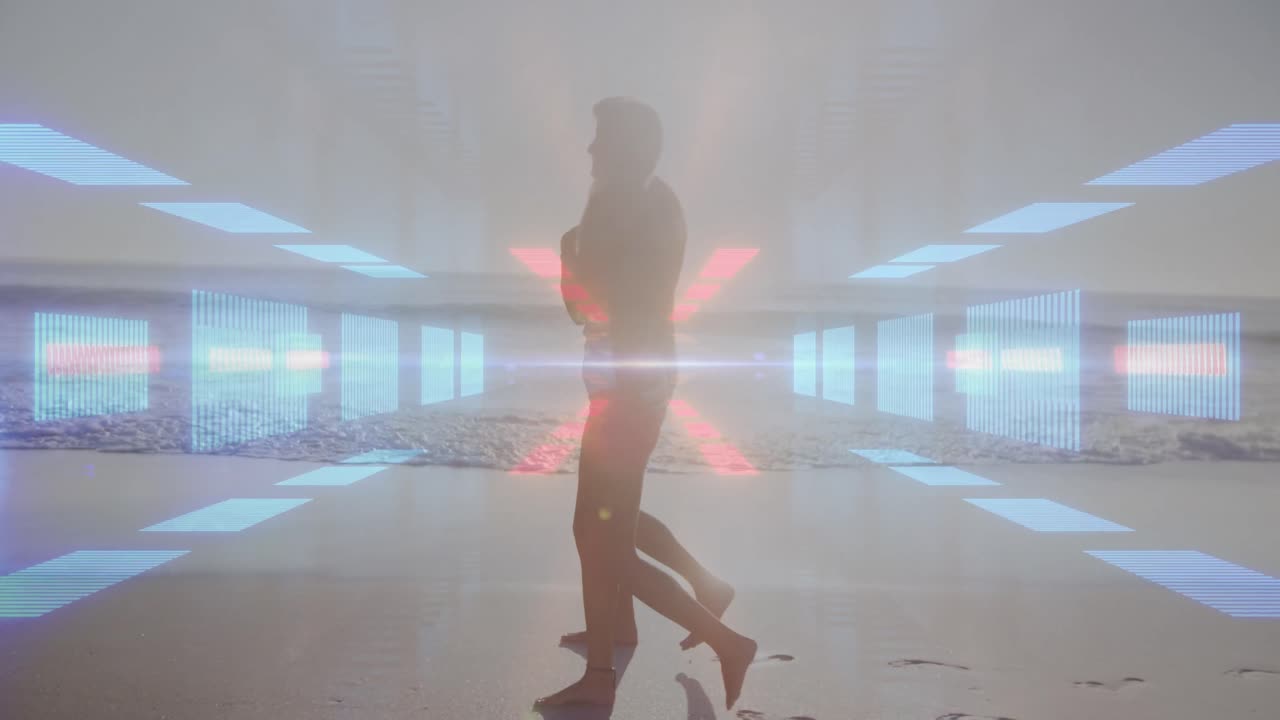 неоновый туннель в бесшовном рисунке против кавказской пары, гуляющей вместе на пляже