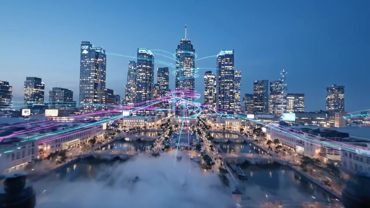 A Stunning Nighttime View of a Modern Cityscape with Illuminated Skyscrapers, Vibrant Lights, and Dynamic Elements Creating a Lively Urban Atmosphere