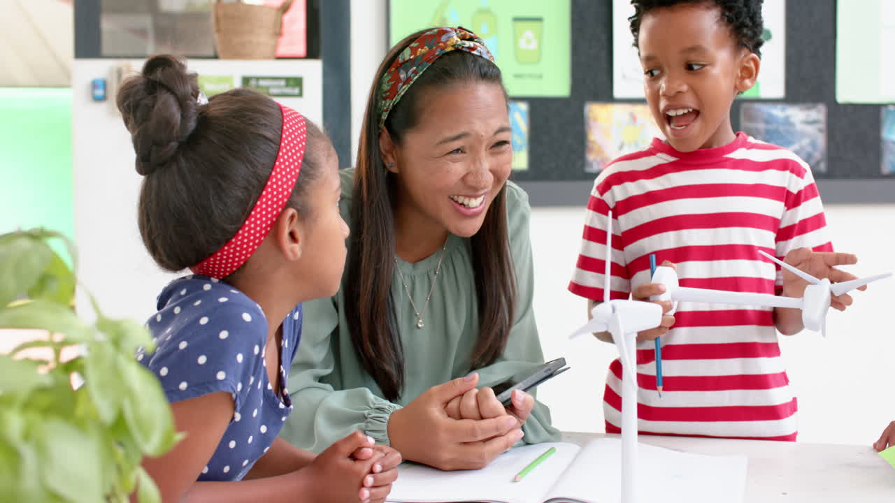 In school, teacher and students discussing wind turbine model in classroom
