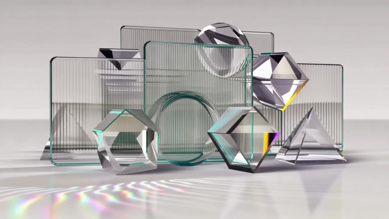 Abstract Composition of Floating Glass Geometric Shapes and Prisms