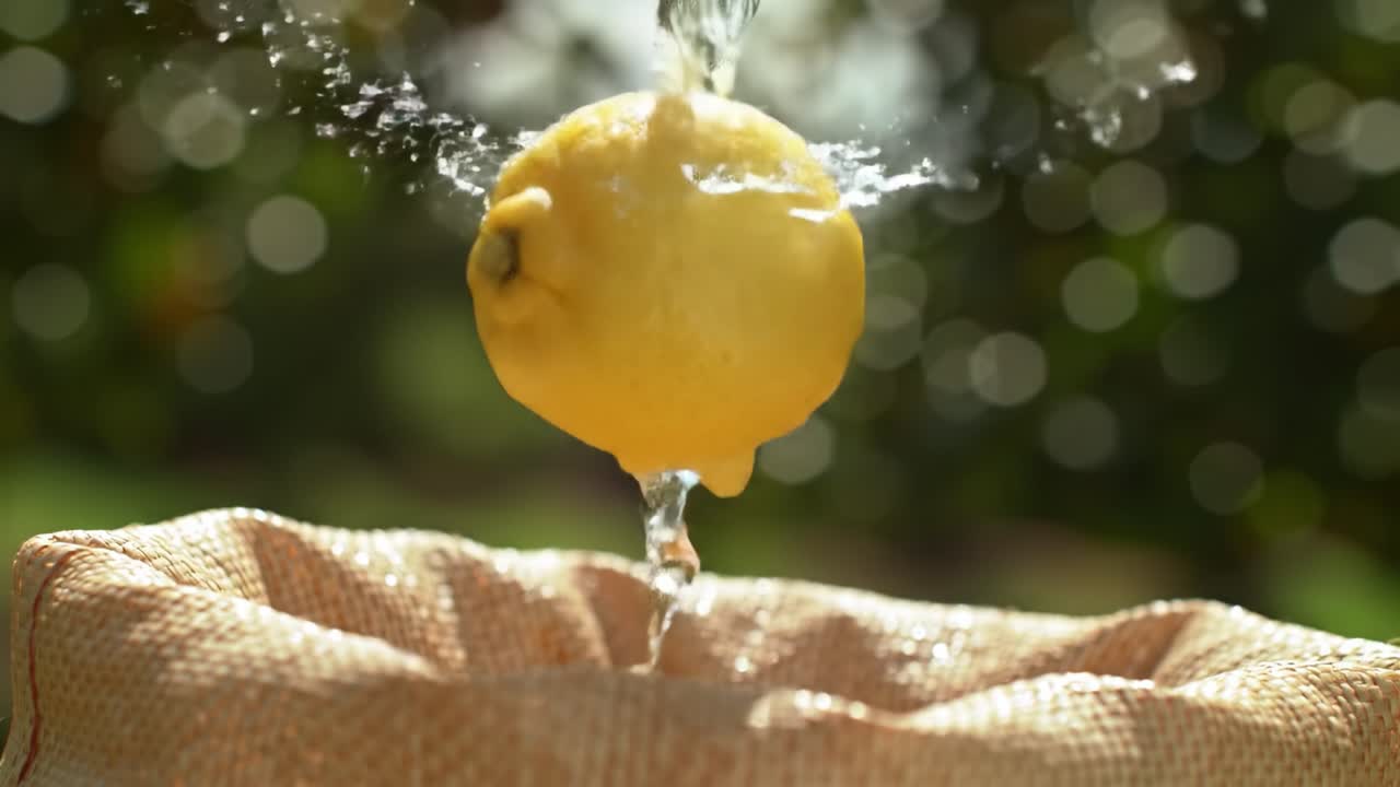 Juicy Lemon Being Squeezed, Dripping Fresh Juice into a Natural Fiber Container Surrounded by a Beautifully Blurred Green Garden Background