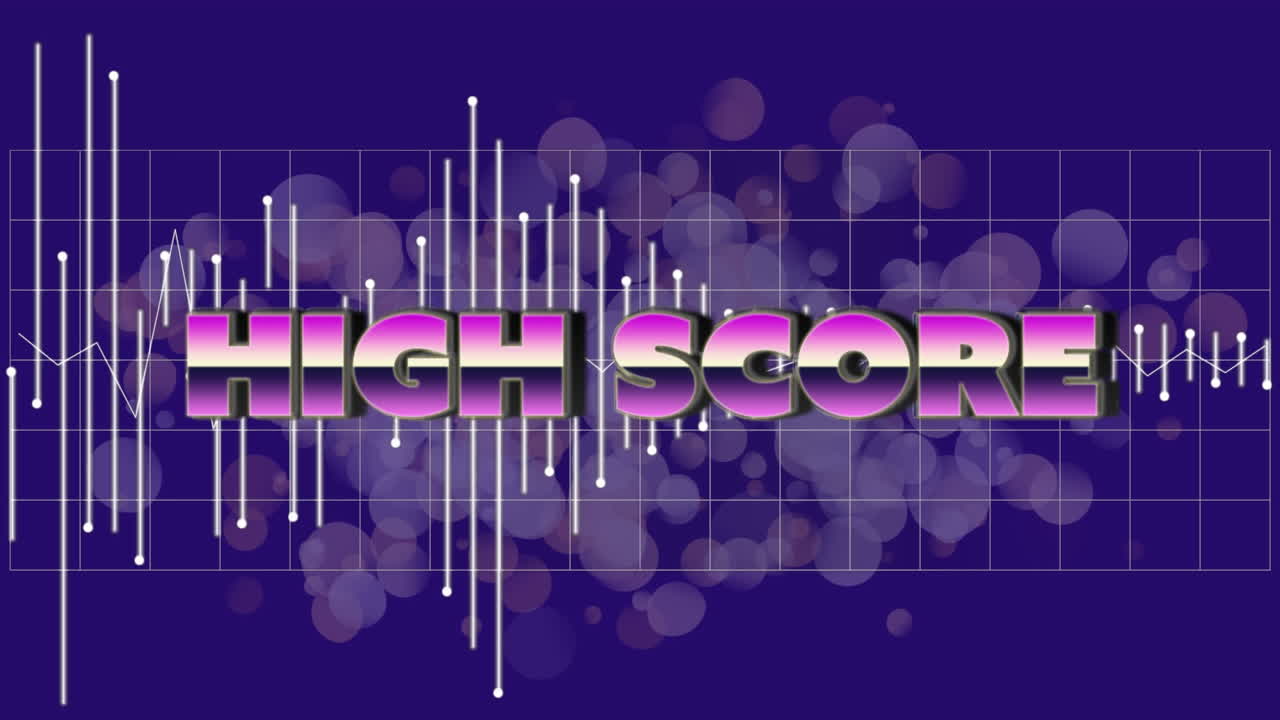 animation von high-score-text über roten punkten und lichtern auf blauem hintergrund