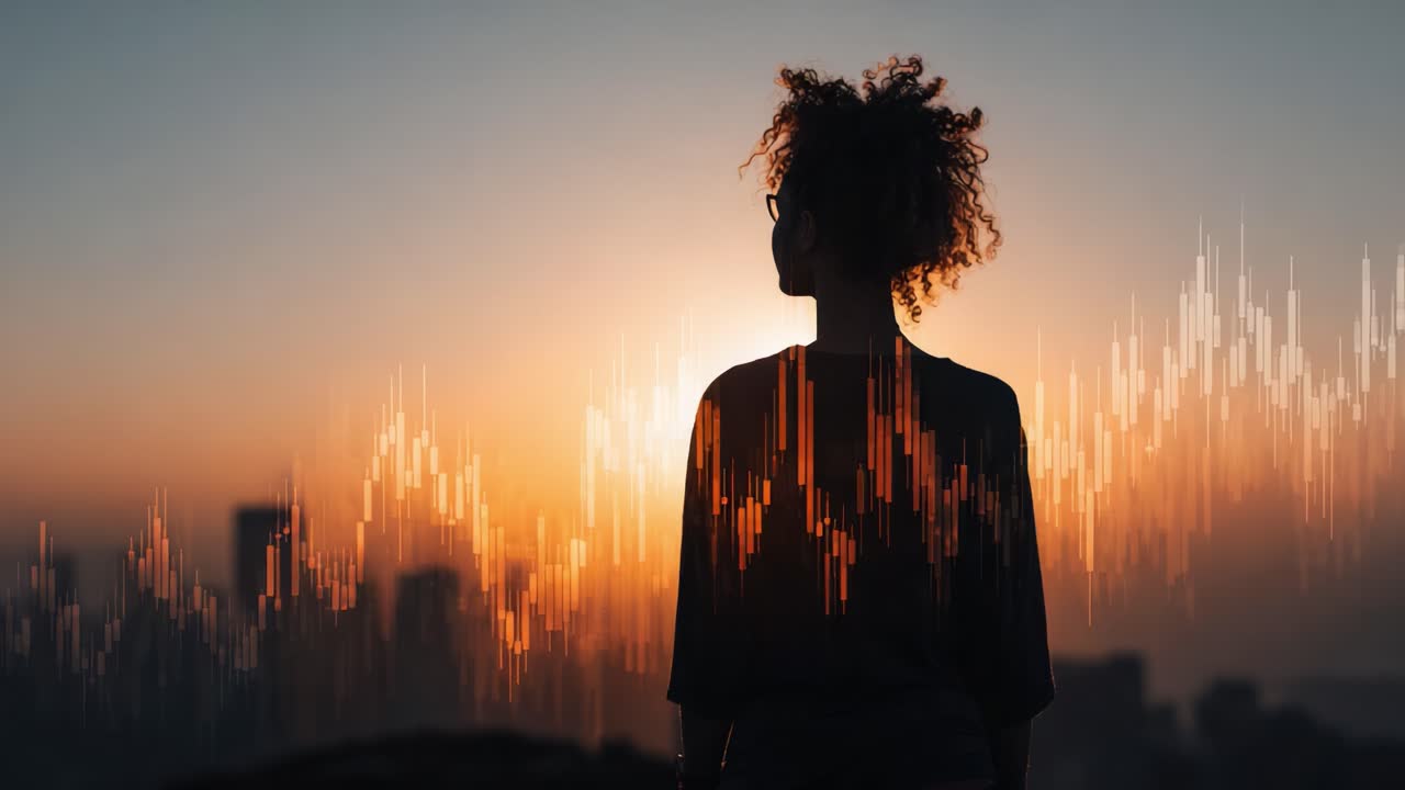 A Contemplative Silhouette Against a Vibrant Sunset, Merging Nature and Data Visualization with Overlaid Sound Waves to Represent Connection and Insight