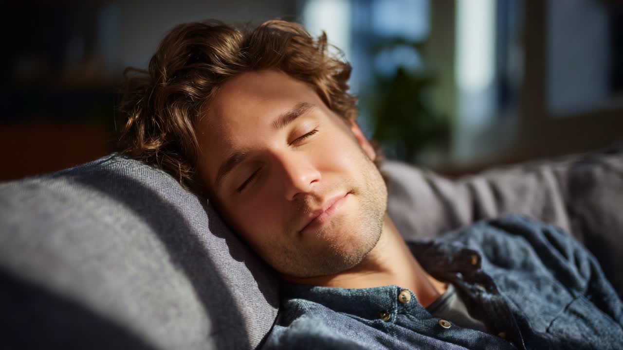 Et fredfyldt øjebliks afslapning, hvor en ung mand med krøllet hår hviler fredeligt på en hyggelig sofa og nyder roen i sine omgivelser i blødt, varmt lys.