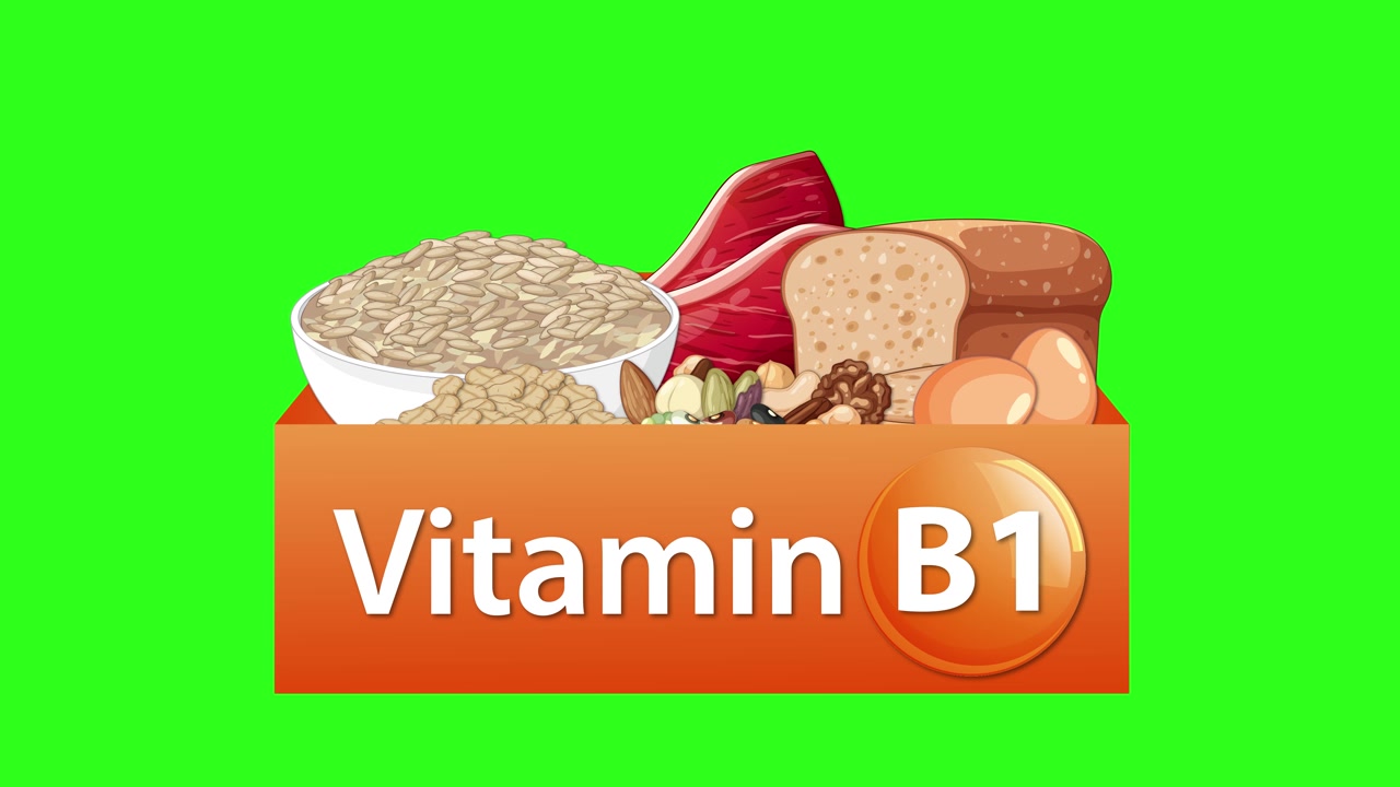 Animasyonlu kutu, parlak yeşil bir arka planda B1 Vitamini etiketini ve sağlıklı yiyecekleri ortaya çıkarıyor
