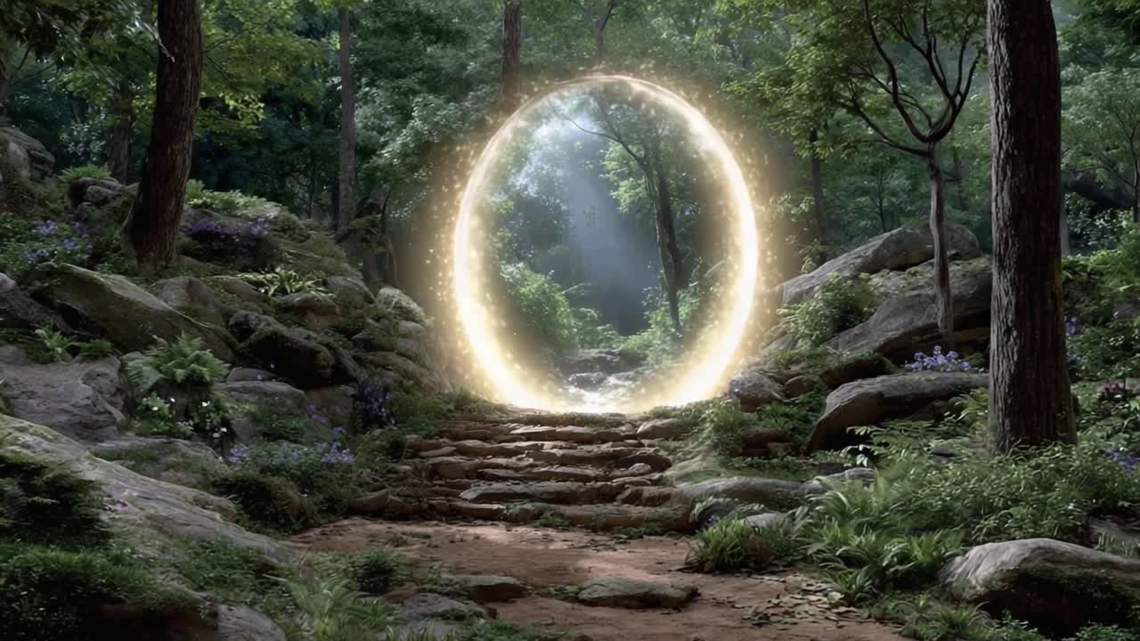 A Magnificent Enchanted Portal Surrounded by Lush Greenery and Sacred Stones, Evoking a Mystical Journey in a Serene Forested Landscape