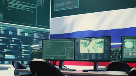 surveillance and hacking room with a russian flag on big screen