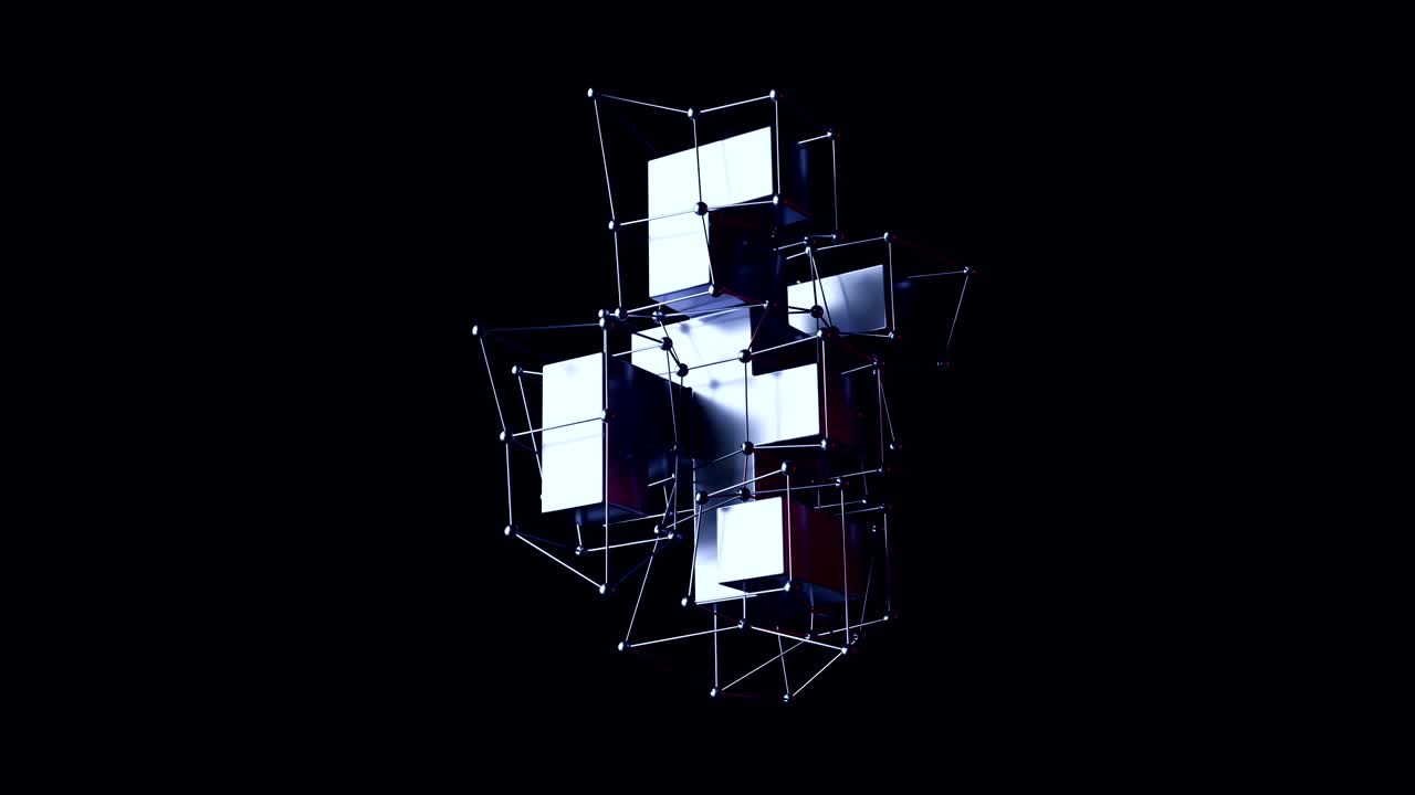 figura de cubo metálico futurista con tuberías delgadas. animación 3d sin costuras con fondo matte alfa.