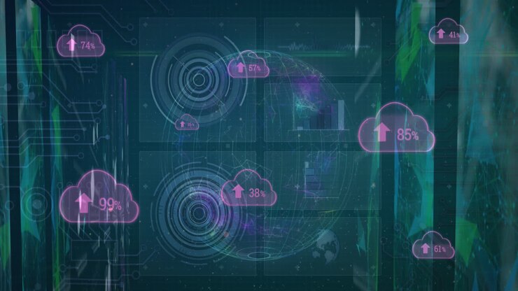 Animation of data processing over shapes and globe