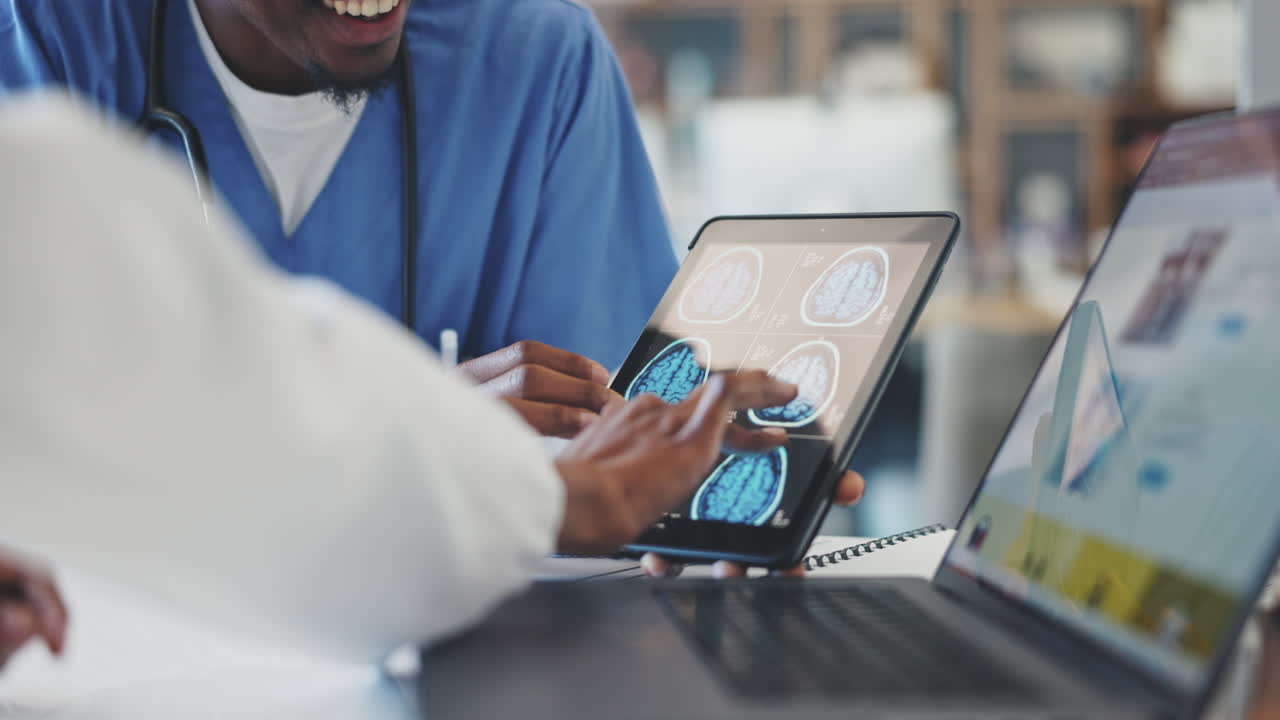 Doctor, hands and tablet in meeting with brain