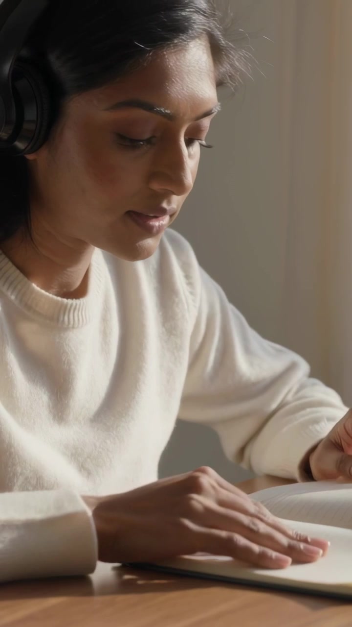 Video vertical: Mujer sentada con auriculares hojeando un diario con suéter en una mesa estudiando