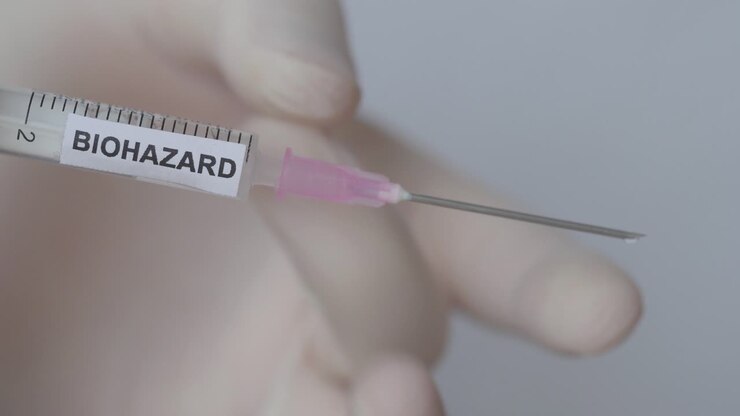 Hand Wearing Medical Gloves Flicking Bubble Out Of Syringe, Close Up Shot