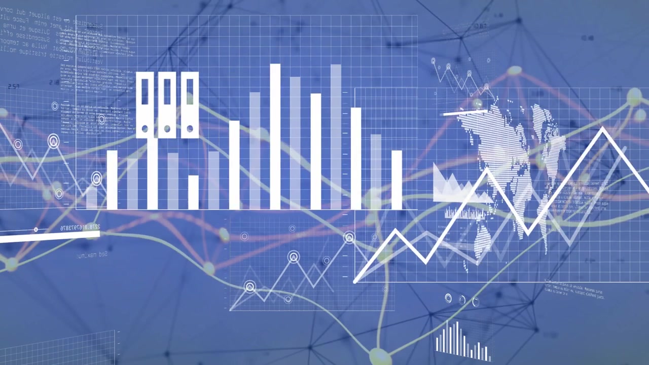 Graphs and charts animation over blue grid background with data icons