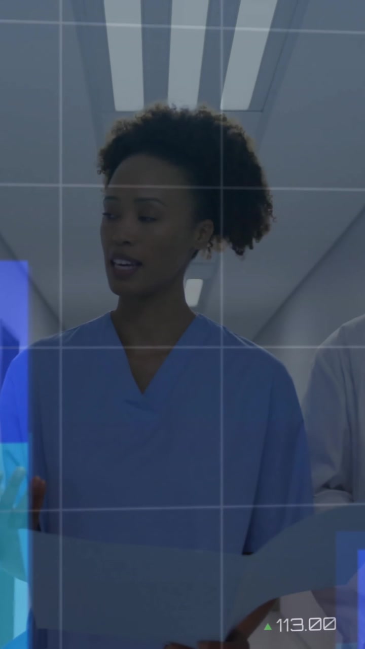 Animation graphs and map over diverse doctors discussing patient reports while walking in corridor