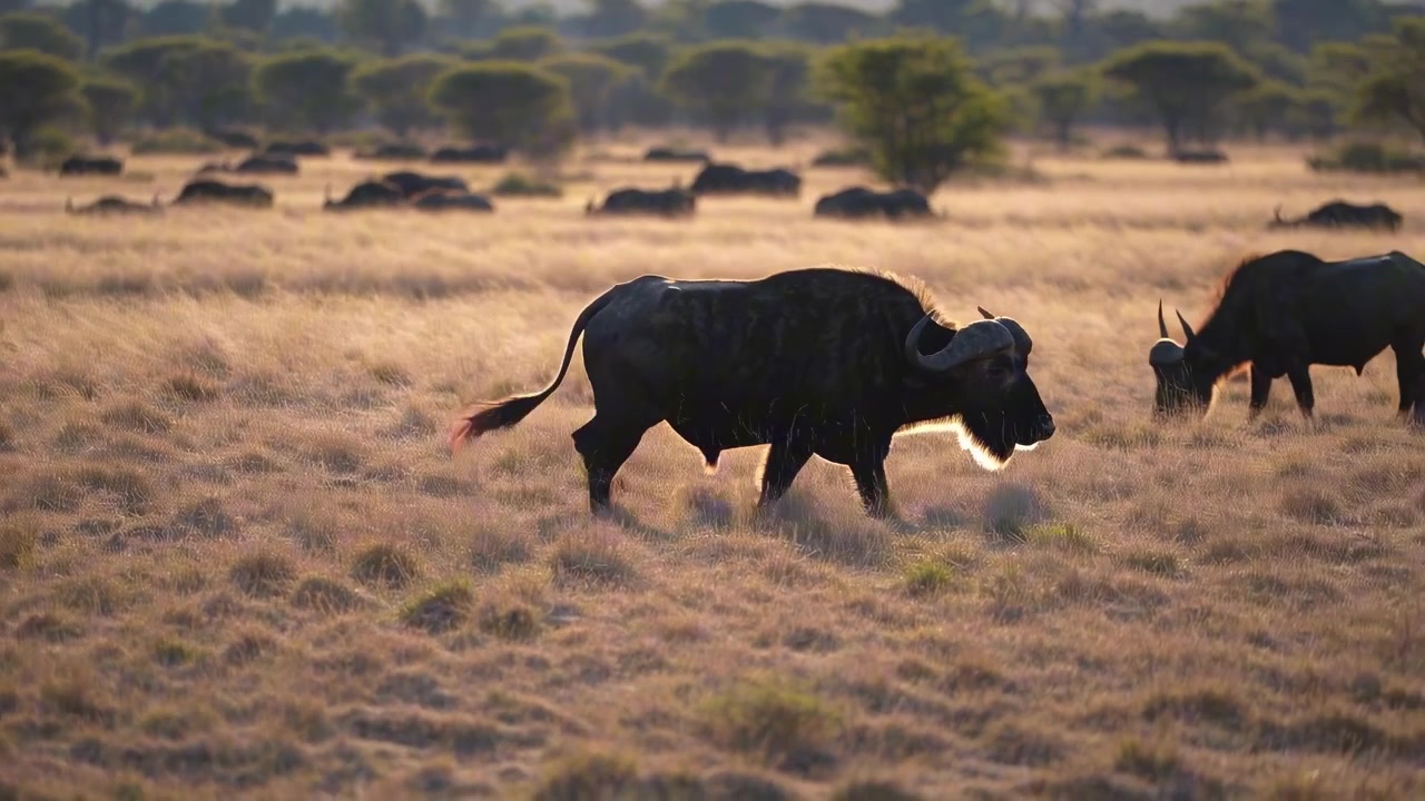 African Buffalo Walking Through Dry Grassland at Sunset