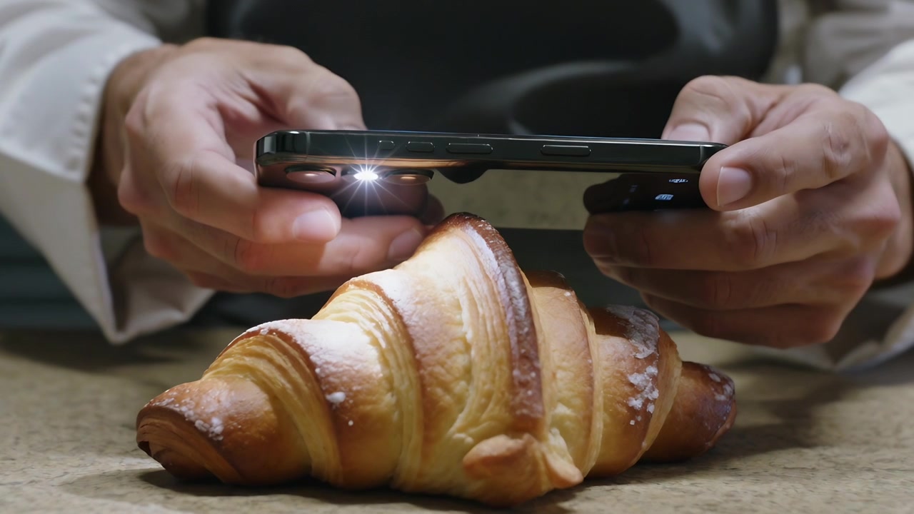 LED light activating, moving chef in jacket and apron holding phone, lighting croissant for shot