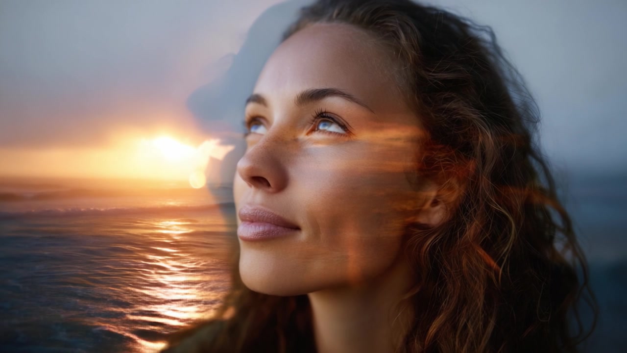 Un momento sereno in riva all'oceano, che mostra una donna che contempla la vita mentre il sole tramonta, creando una bellissima fusione di emozioni e colori della natura.