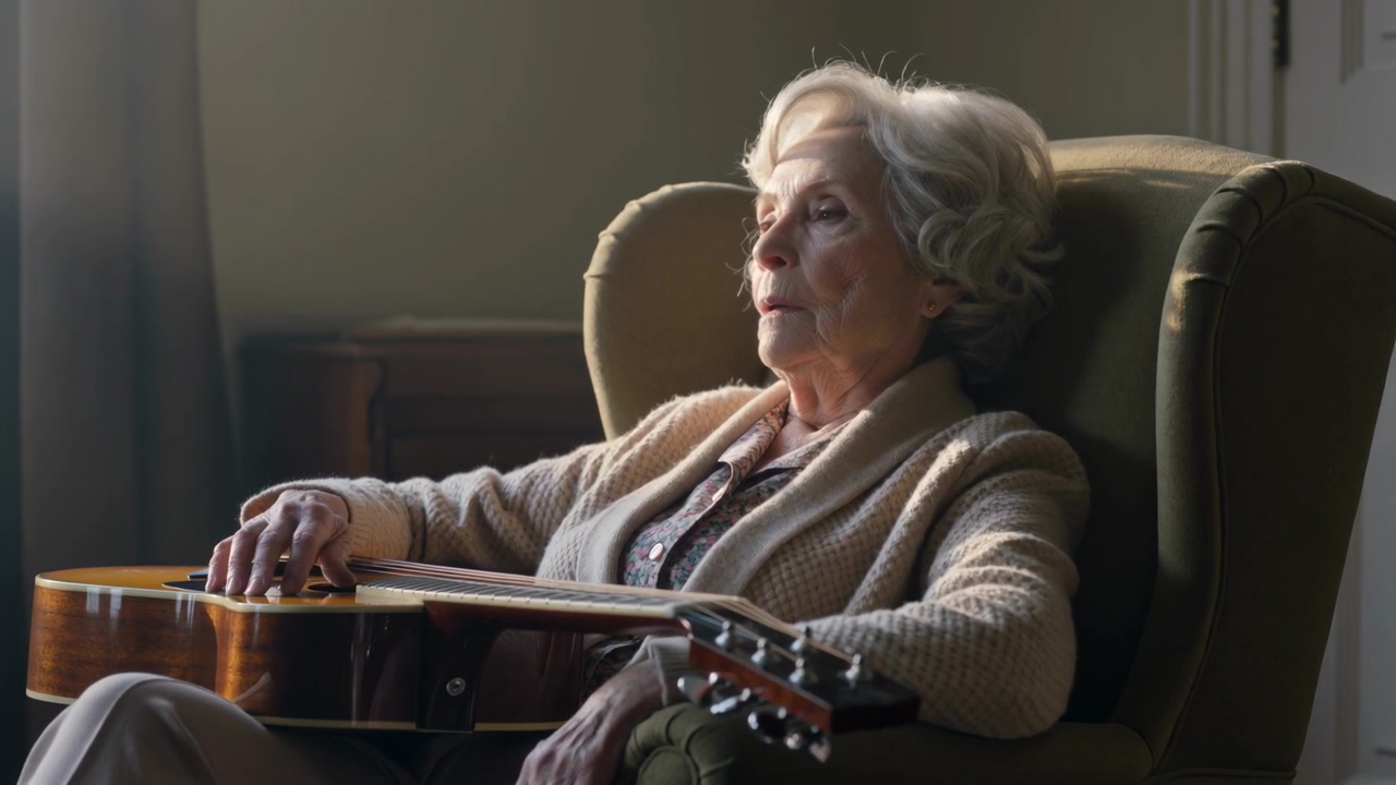 Una donna anziana appoggiata si gira verso la luce della finestra in casa, indossando un cardigan beige e tenendo una chitarra.