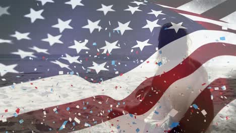 animation of american flag and confetti over caucasian woman at beach