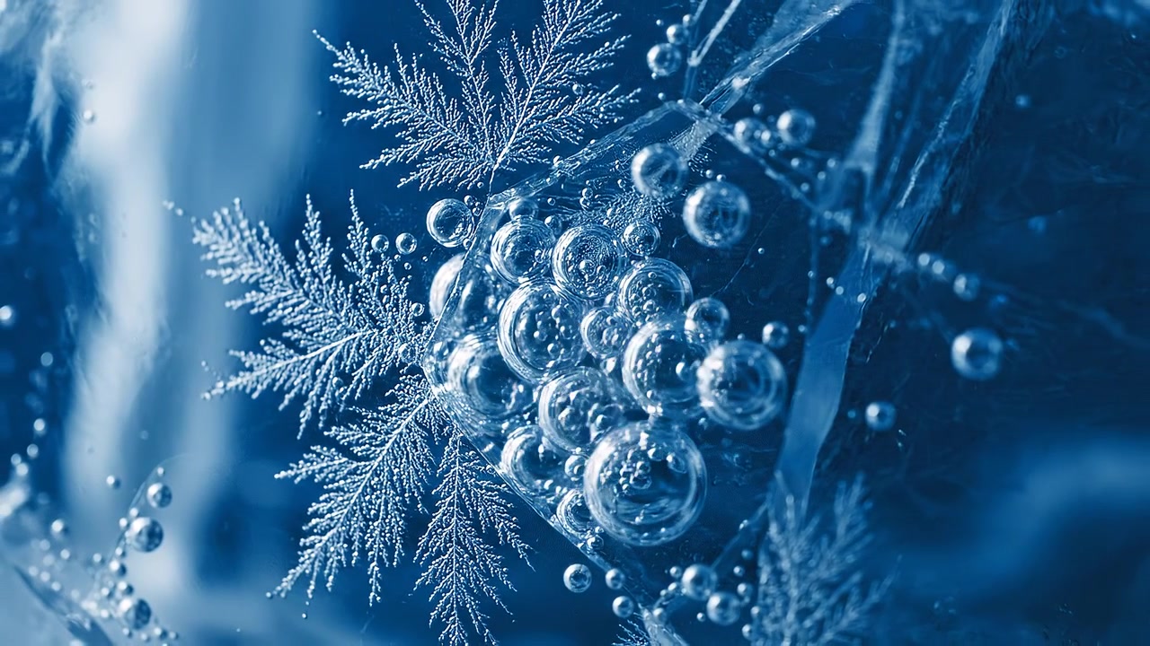 Macro astratta di ghiaccio blu con motivi di brina e bolle d'aria
