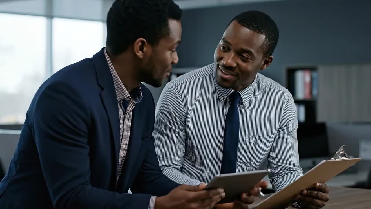Two Businessmen Collaborating and Discussing Work in a Modern Office