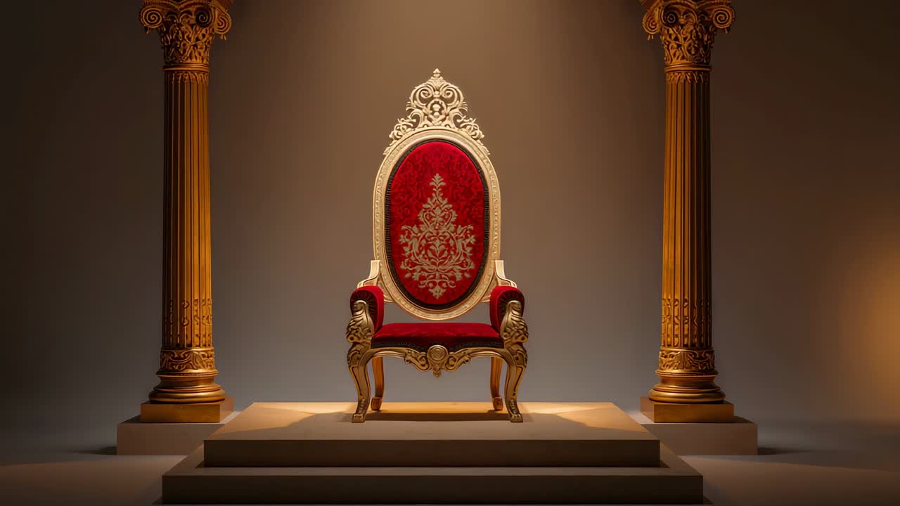 Opening shot revealing ornate red gold throne in royal chamber, with dais and Corinthian columns