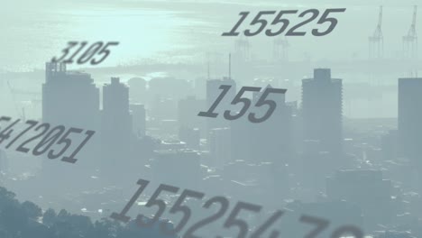 animation of multiple changing numbers against aerial view of cityscape