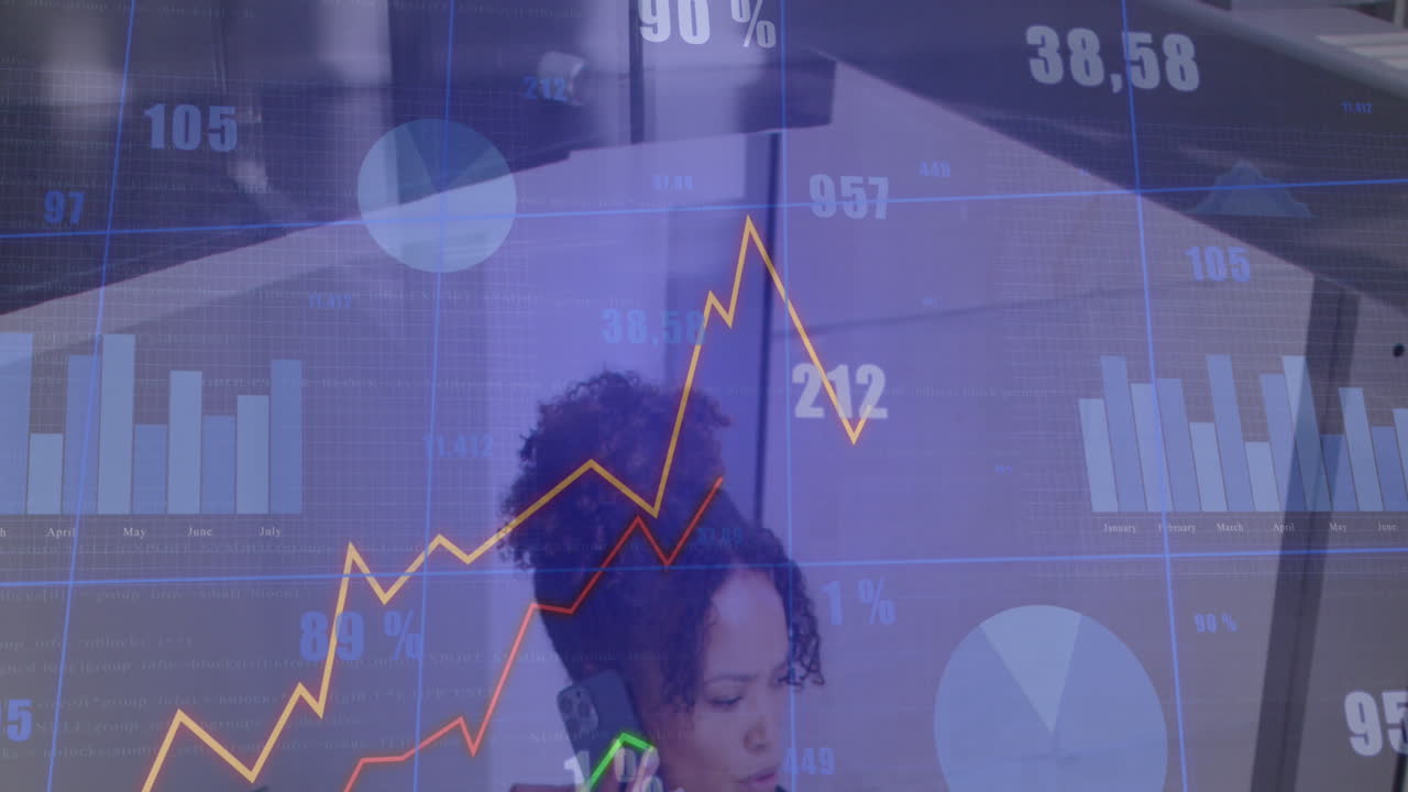 Animation of graphs and changing numbers, biracial woman walking upstairs while talking on cellphone