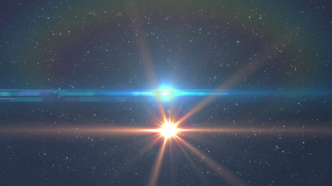 빛나는 파란색과 오렌지색 빛이 빛의 반점과 배경의 별 위에 움직이는 애니메이션