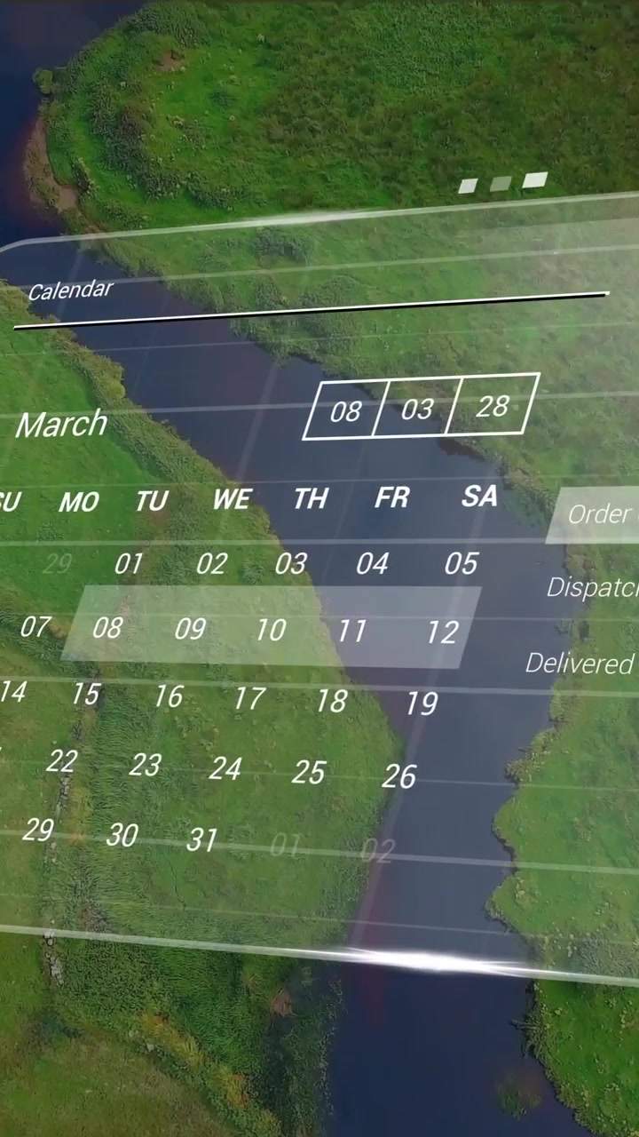 Animazione di interfaccia digitale con calendario su paesaggio con fiume.