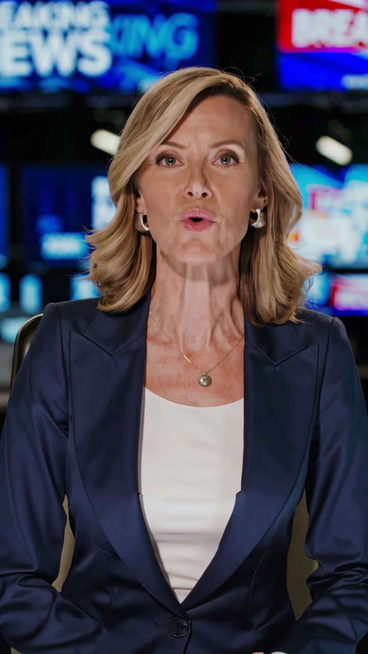 Presentadora de noticias en un estudio de televisión.