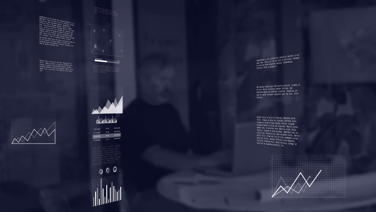 animación de la interfaz con el procesamiento de datos estadísticos contra el hombre usando una computadora portátil en la oficina
