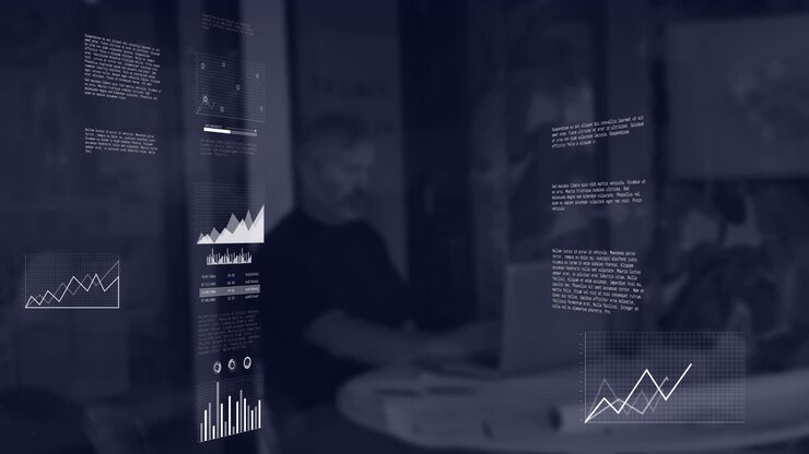 Animation of interface with statistical data processing against man using a laptop at office