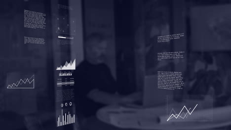 animation of interface with statistical data processing against man using a laptop at office