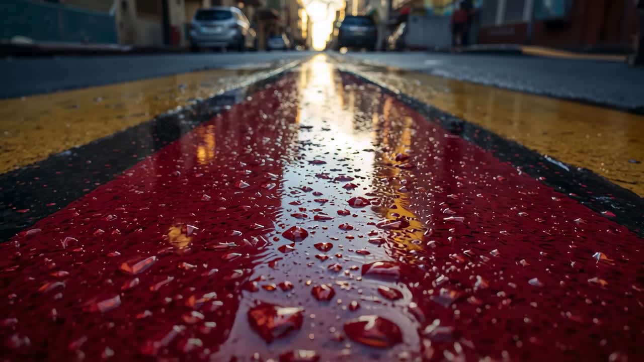 Telecamera che avanza su una striscia rossa bagnata, con goccioline che riflettono, rivelando una luce distante per un film.