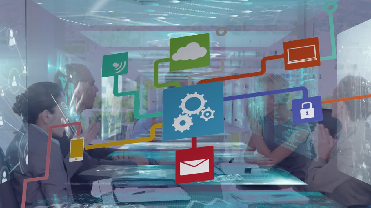 사무실에서 다양한 비즈니스 사람들에 대한 아이콘과의 연결 네트워크의 애니메이션