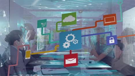 Animation of network of connections with icons over diverse business people at office