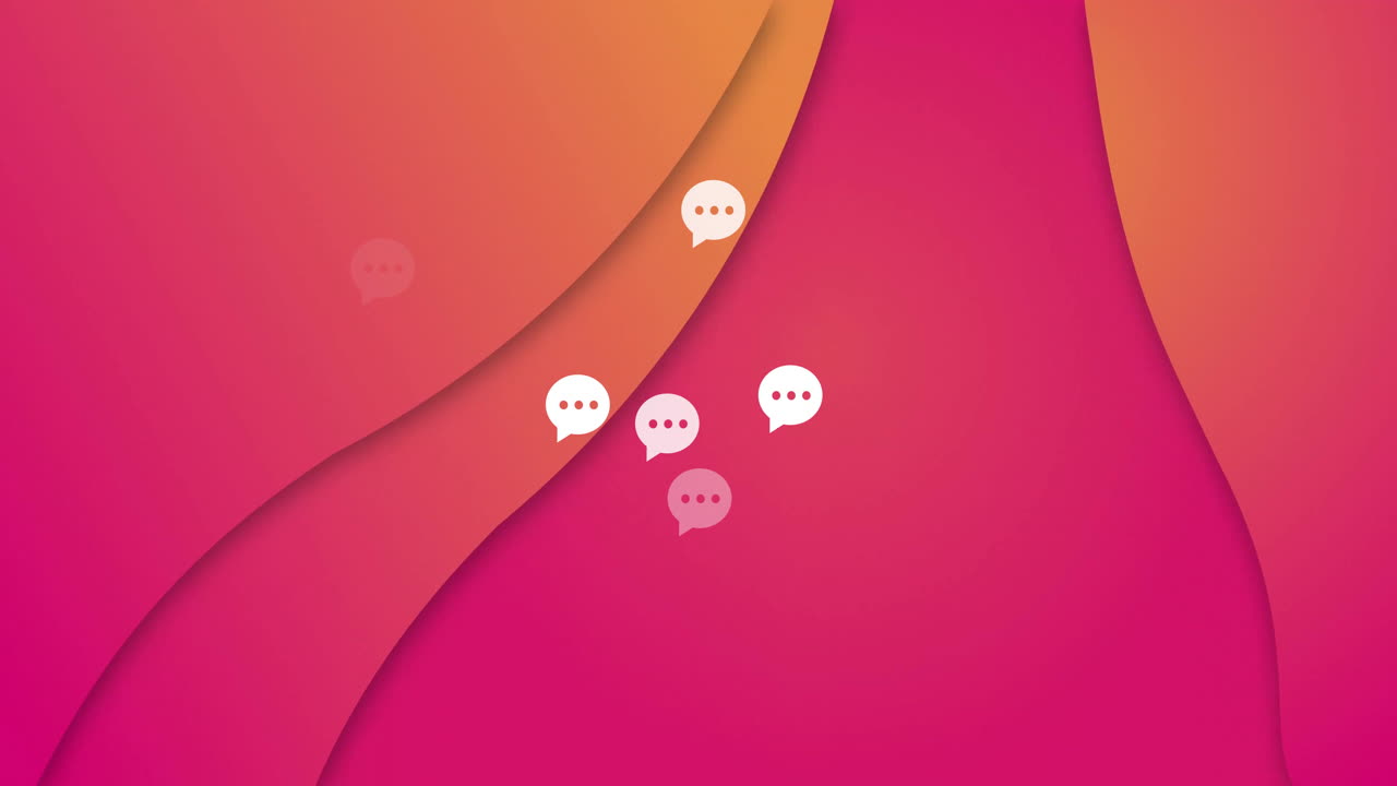Seks stiliserte snakkebobleikoner svevende over lagdelt rosa-oransje gradient, animert illustrasjon