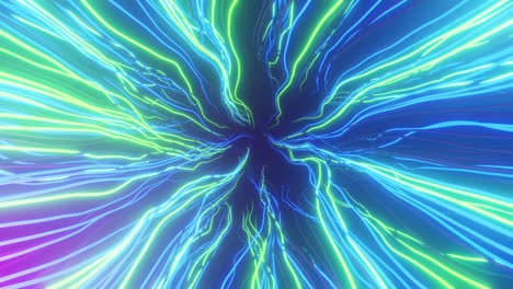 oneindige neon tunnel 3d animatie. gloeiende lichtstrengen op donkere achtergrond