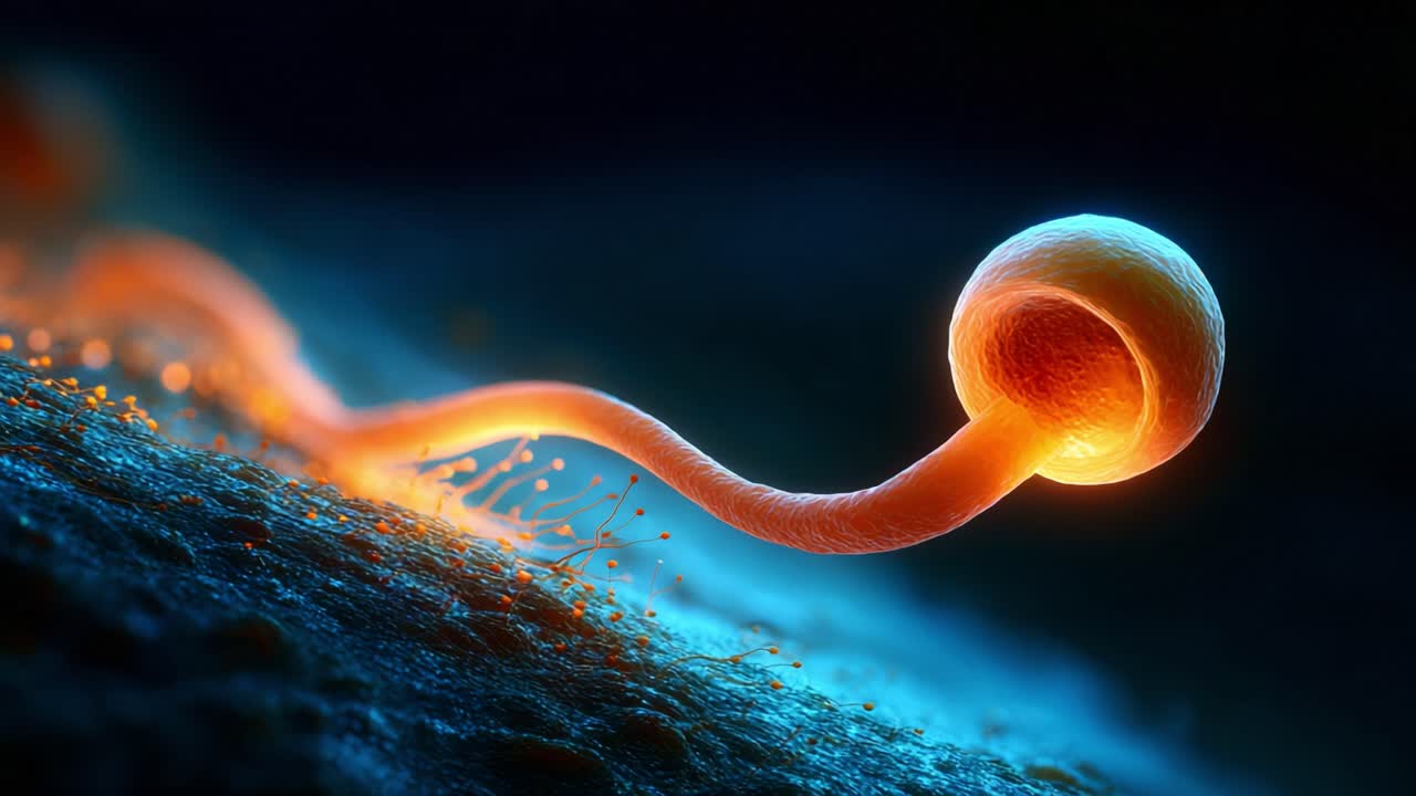 A Close-Up Exploration of a Sperm Cell's Journey: The Vibrant and Dynamic Movement of Sperm Towards an Egg, Highlighting Its Intricate Anatomy and Energetic Motion