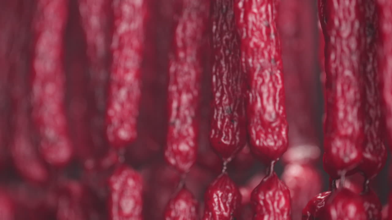 Primo piano di molte salsicce rosse appese